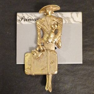 Gold-Tone Brooch-Woman with Poodle and "New York" Suitcase